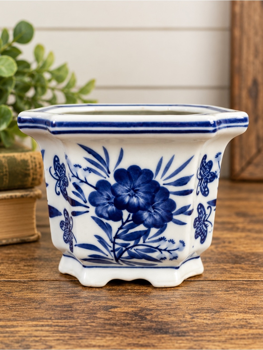 Blue & White Porcelain Planter | Floral Butterfly